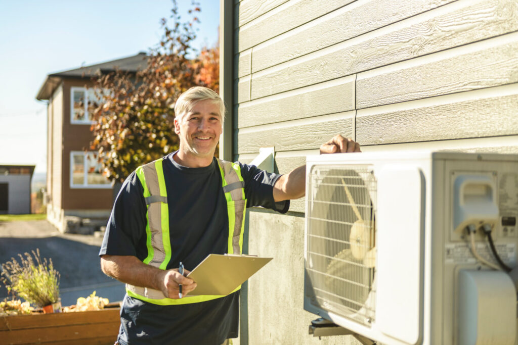 A technician working on air conditioning or heat pump outdoor unit